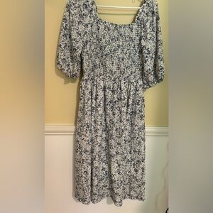 Blue Floral smocked maternity midi dress. Size medium.